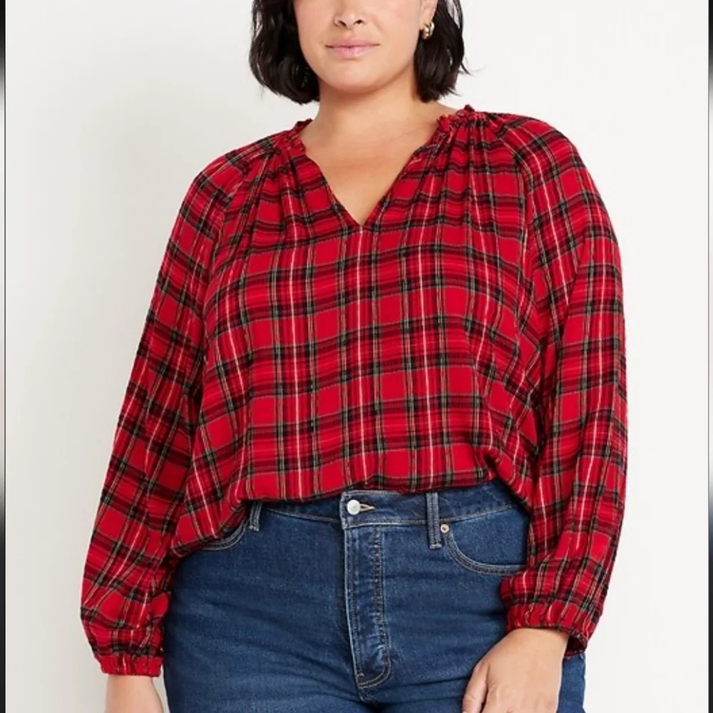 OLD NAVY Pullover Peasant Top Women 2X Red Buffalo Plaid Puff Sleeves V-neck New